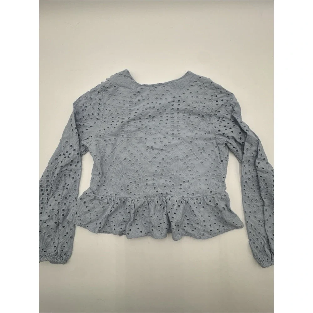 Express Women's Small Light Blue Eyelet Ruffles Peplum V-Neck Long Sleeve Top